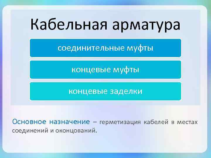 Кабельная арматура соединительные муфты концевые заделки Основное назначение – герметизация кабелей в местах соединений