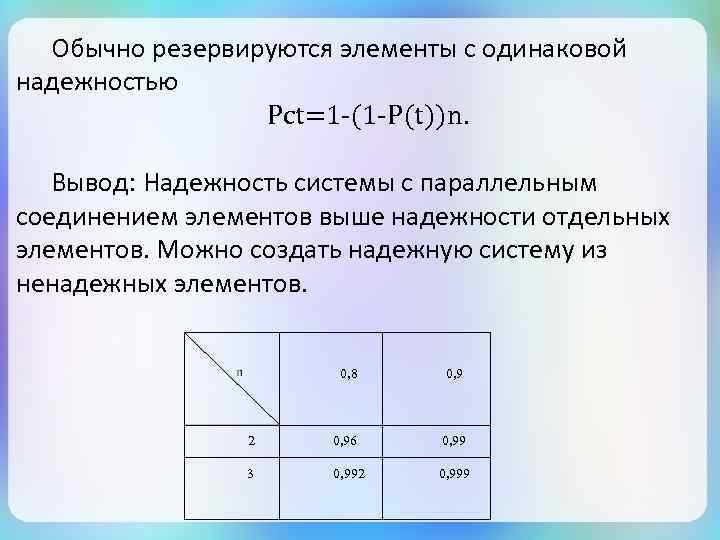 Обычно резервируются элементы с одинаковой надежностью Pct=1 -(1 -P(t))n. Вывод: Надежность системы с параллельным