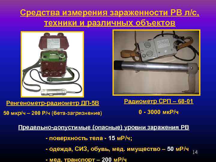 Средства измерения зараженности РВ л/с, техники и различных объектов Ренгенометр-радиометр ДП-5 В Радиометр СРП