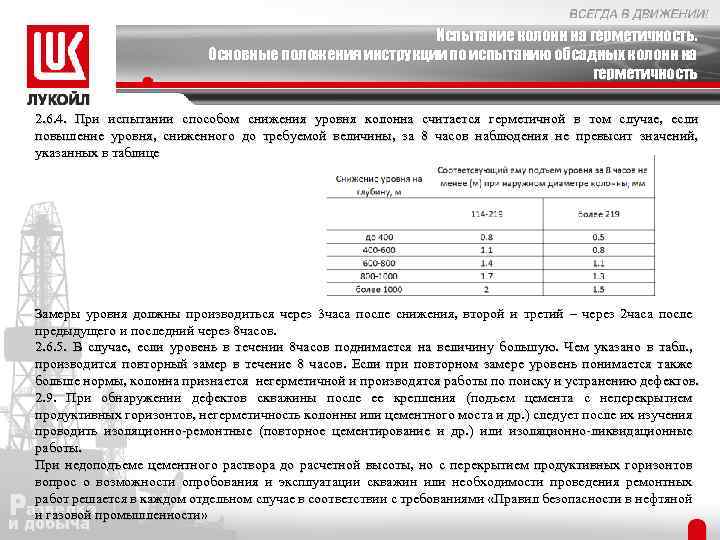 Испытание колонн на герметичность. Основные положения инструкции по испытанию обсадных колонн на герметичность 2.