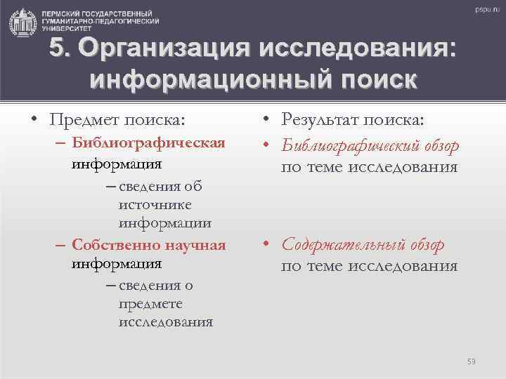 5. Организация исследования: информационный поиск • Предмет поиска: – Библиографическая информация – сведения об