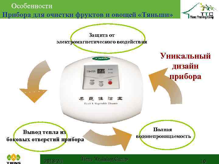 Особенности Прибора для очистки фруктов и овощей «Тяньши» Защита от электромагнетического воздействия Уникальный дизайн