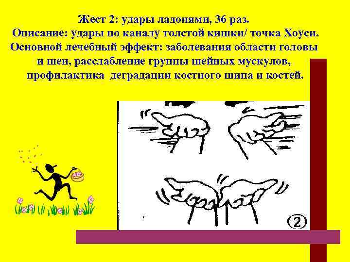  Жест 2: удары ладонями, 36 раз. Описание: удары по каналу толстой кишки/ точка