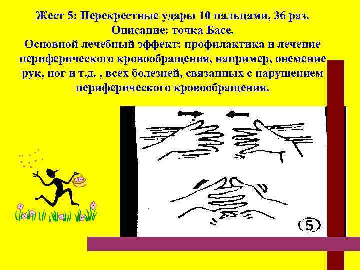  Жест 5: Перекрестные удары 10 пальцами, 36 раз. Описание: точка Басе. Основной лечебный