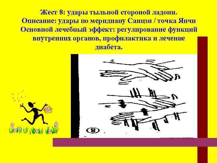  Жест 8: удары тыльной стороной ладони. Описание: удары по меридиану Санцзи / точка