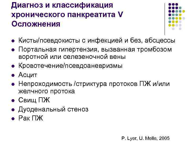 Диагноз и классификация хронического панкреатита V Осложнения l l l l Кисты/псевдокисты с инфекцией