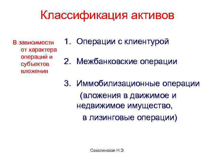 Классификация активов В зависимости от характера операций и субъектов вложения 1. Операции с клиентурой