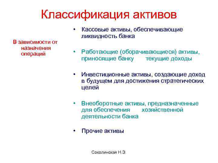 Классификация активов В зависимости от назначения операций • Кассовые активы, обеспечивающие ликвидность банка •