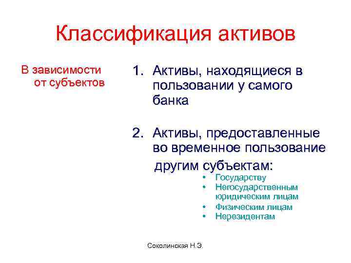 Классификация активов В зависимости от субъектов 1. Активы, находящиеся в пользовании у самого банка