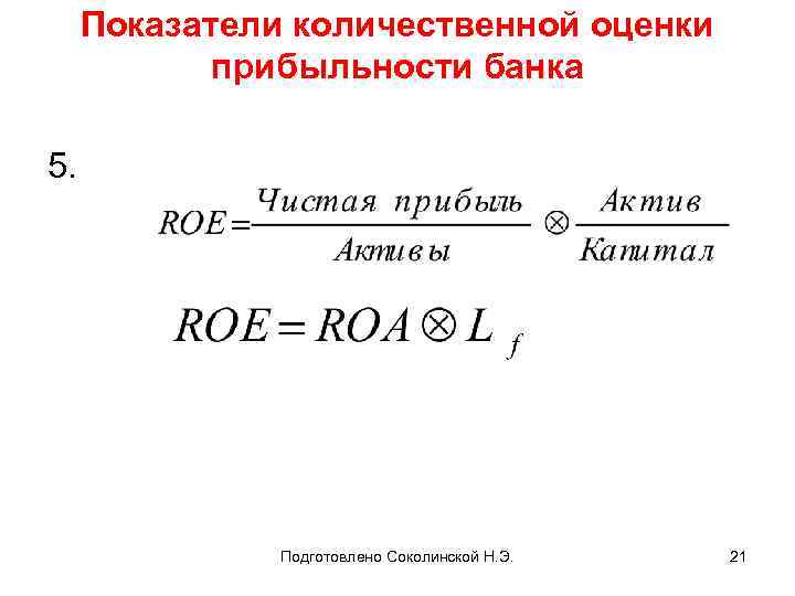 Показатели количественной оценки прибыльности банка 5. Подготовлено Соколинской Н. Э. 21 