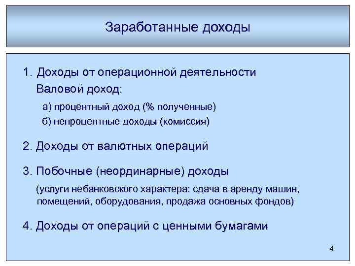 Заработанные доходы 1. Доходы от операционной деятельности Валовой доход: а) процентный доход (% полученные)