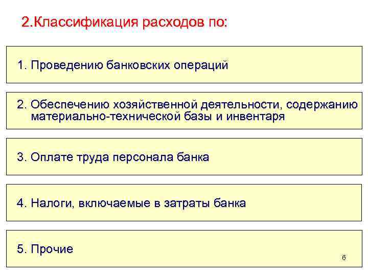 2. Классификация расходов по: 1. Проведению банковских операций 2. Обеспечению хозяйственной деятельности, содержанию материально-технической