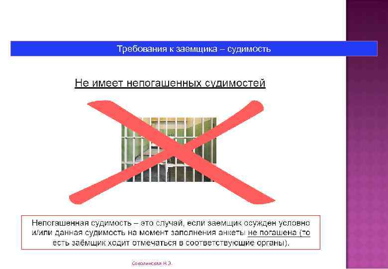 Требования к заемщика – судимость Соколинская Н. Э. 