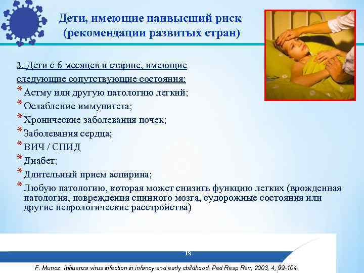 Дети, имеющие наивысший риск (рекомендации развитых стран) Дети с 6 месяцев и старше, имеющие