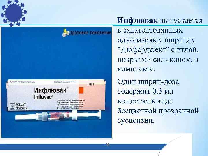 Инфлювак выпускается в запатентованных одноразовых шприцах "Дюфарджект" с иглой, покрытой силиконом, в комплекте. Один