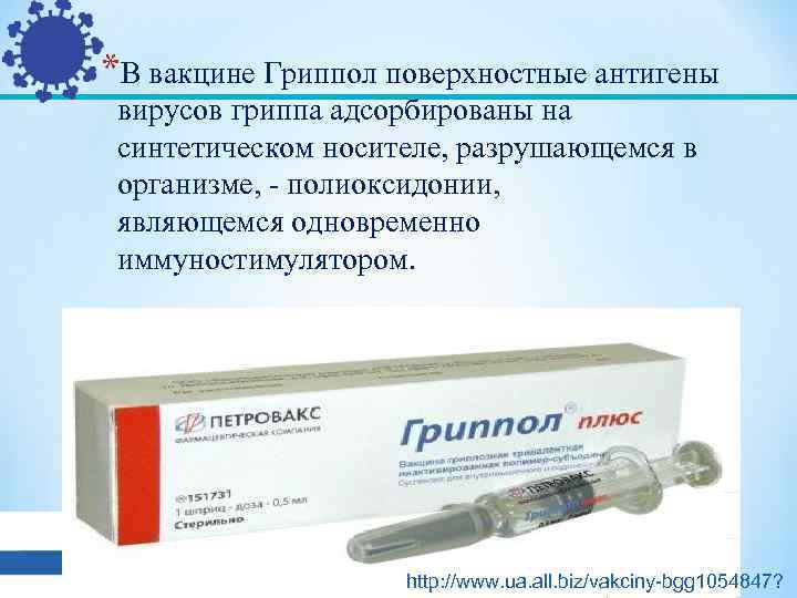 *В вакцине Гриппол поверхностные антигены вирусов гриппа адсорбированы на синтетическом носителе, разрушающемся в организме,