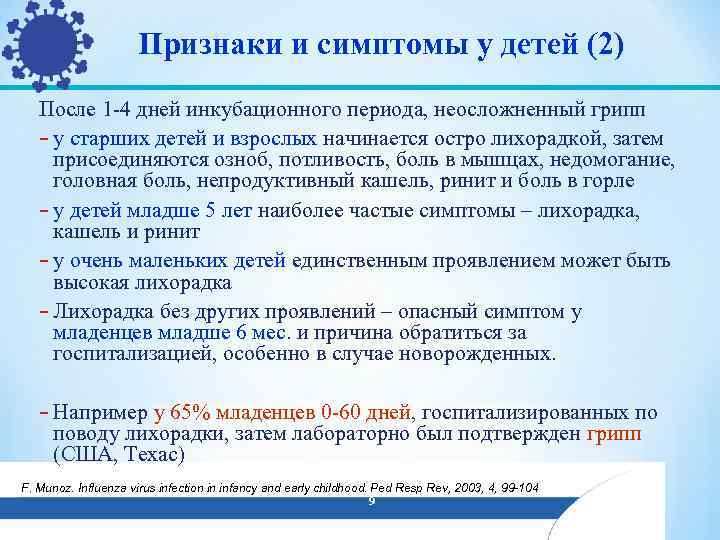 Признаки и симптомы у детей (2) После 1 -4 дней инкубационного периода, неосложненный грипп