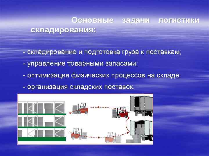 Основные задачи логистики складирования: складирование и подготовка груза к поставкам; управление товарными запасами; оптимизация