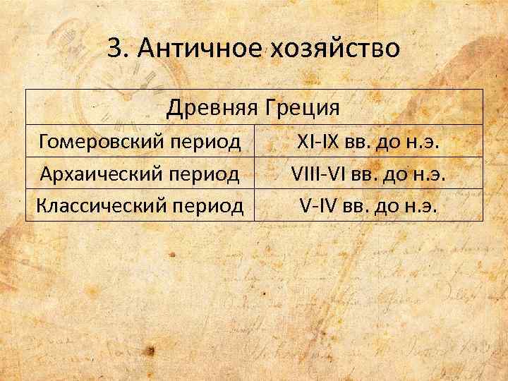3. Античное хозяйство Древняя Греция Гомеровский период Архаический период Классический период XI-IX вв. до