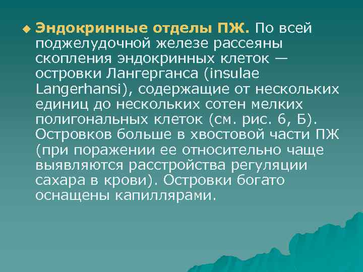 u Эндокринные отделы ПЖ. По всей поджелудочной железе рассеяны скопления эндокринных клеток — островки