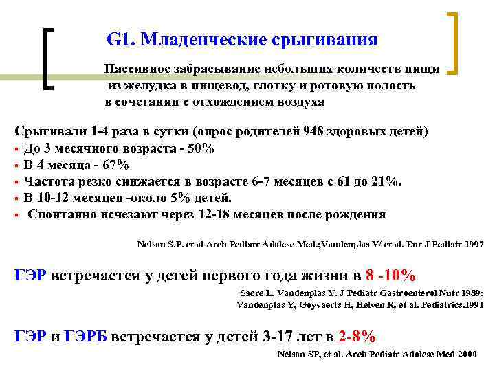 G 1. Младенческие срыгивания Пассивное забрасывание небольших количеств пищи из желудка в пищевод, глотку