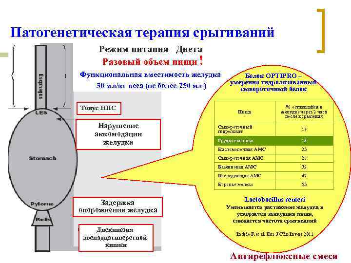 Патогенетическая терапия срыгиваний Режим питания Диета Разовый объем пищи ! Функциональная вместимость желудка 30
