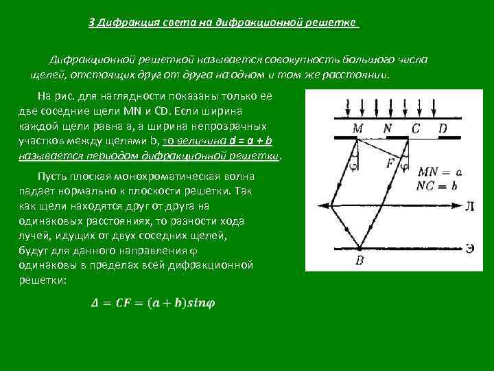 3 Дифракция света на дифракционной решетке Дифракционной решеткой называется совокупность большого числа щелей, отстоящих