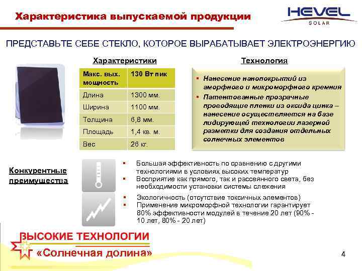 Характеристика выпускаемой продукции ПРЕДСТАВЬТЕ СЕБЕ СТЕКЛО, КОТОРОЕ ВЫРАБАТЫВАЕТ ЭЛЕКТРОЭНЕРГИЮ Характеристики Макс. вых. мощность Длина