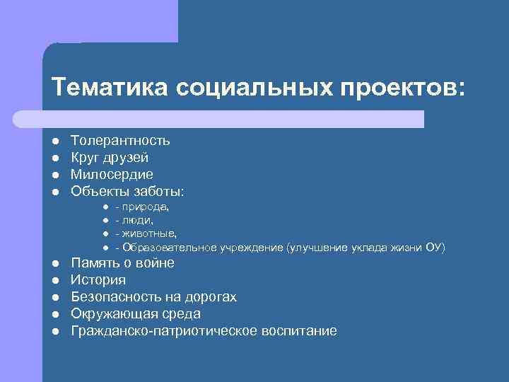 Тематика социальных проектов: l l Толерантность Круг друзей Милосердие Объекты заботы: l l l