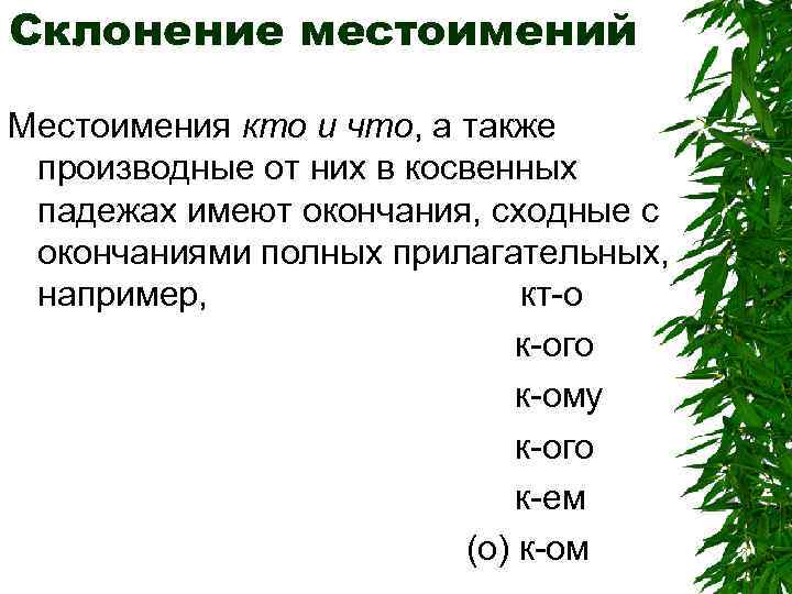 Склонение местоимений Местоимения кто и что, а также производные от них в косвенных падежах