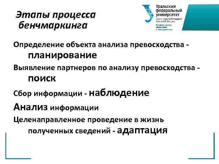 Этапы процесса бенчмаркинга Определение объекта анализа превосходства - планирование Выявление партнеров по анализу превосходства