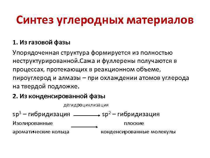 Синтез углеродных материалов 1. Из газовой фазы Упорядоченная структура формируется из полностью неструктурированной. Сажа