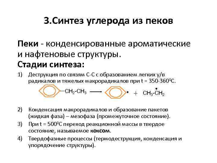 3. Синтез углерода из пеков Пеки - конденсированные ароматические и нафтеновые структуры. Стадии синтеза: