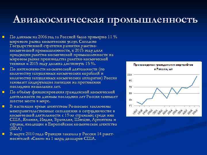 Авиакосмическая промышленность n n n По данным на 2006 год за Россией было примерно