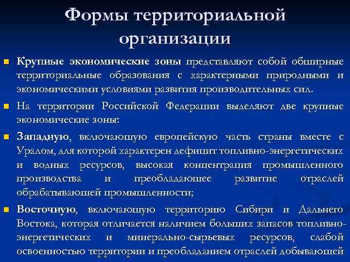 Формы территориальной организации n n Крупные экономические зоны представляют собой обширные территориальные образования с