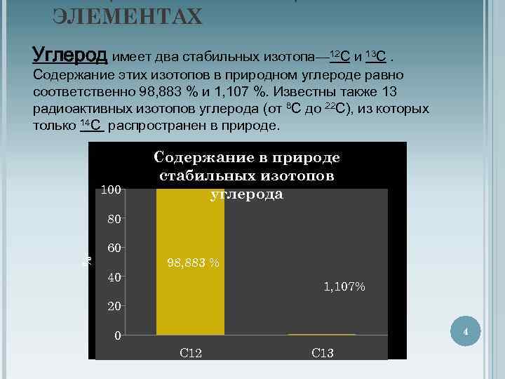 ЭЛЕМЕНТАХ Углерод имеет два стабильных изотопа— 12 С и 13 С. Содержание этих изотопов