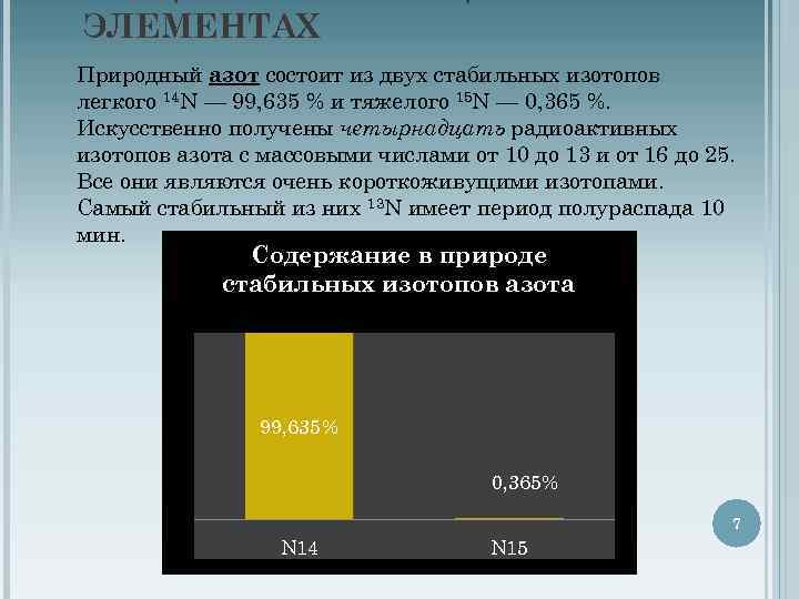 ЭЛЕМЕНТАХ Природный азот состоит из двух стабильных изотопов легкого 14 N — 99, 635