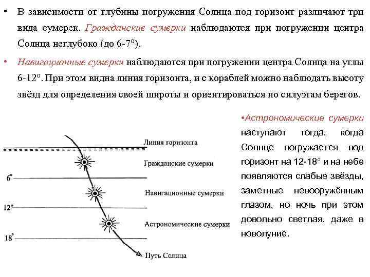  • В зависимости от глубины погружения Солнца под горизонт различают три вида сумерек.