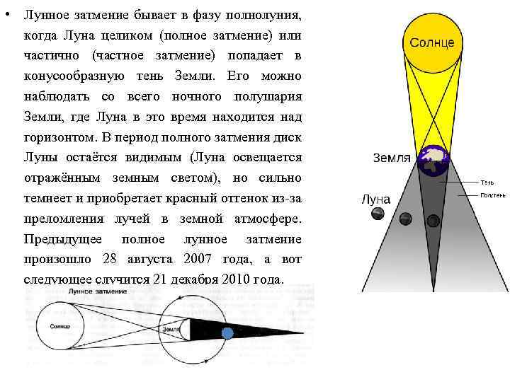  • Лунное затмение бывает в фазу полнолуния, когда Луна целиком (полное затмение) или