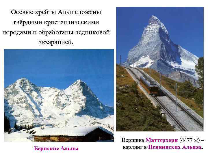 Осевые хребты Альп сложены твёрдыми кристаллическими породами и обработаны ледниковой экзарацией. Бернские Альпы Вершина