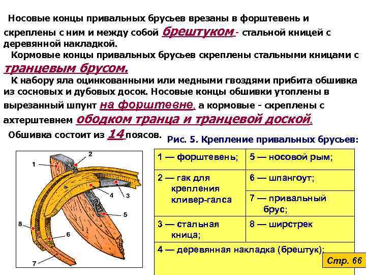 Носовые концы привальных брусьев врезаны в форштевень и скреплены с ним и между собой