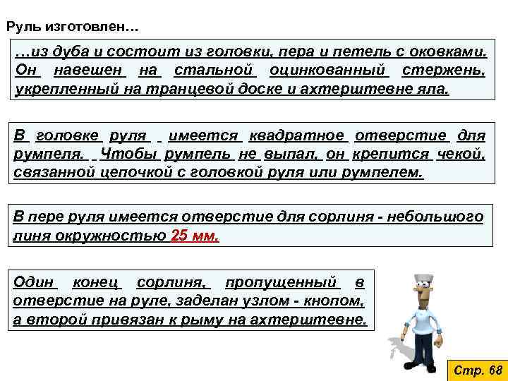 Руль изготовлен… …из дуба и состоит из головки, пера и петель с оковками. Он