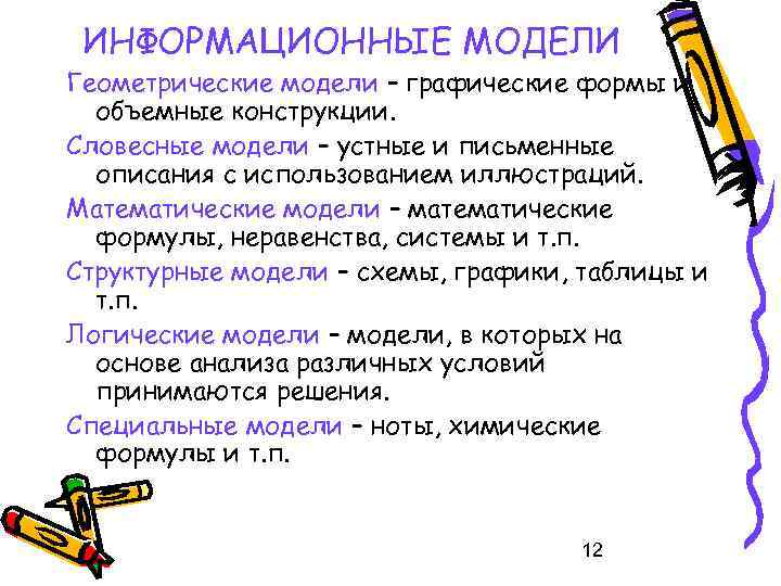 ИНФОРМАЦИОННЫЕ МОДЕЛИ Геометрические модели – графические формы и объемные конструкции. Словесные модели – устные