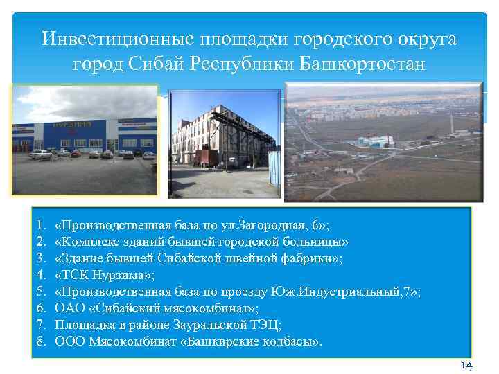 Инвестиционные площадки городского округа город Сибай Республики Башкортостан 1. 2. 3. 4. 5. 6.
