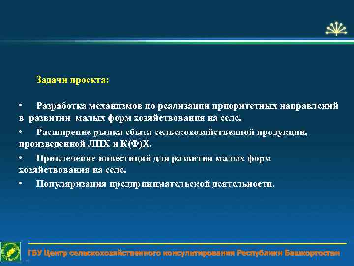 Задачи проекта: • Разработка механизмов по реализации приоритетных направлений в развитии малых форм хозяйствования