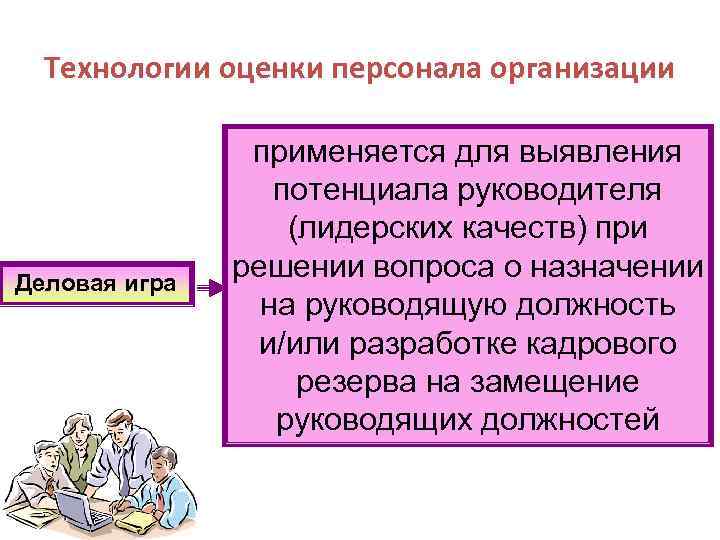 Технологии оценки персонала организации Деловая игра применяется для выявления потенциала руководителя (лидерских качеств) при