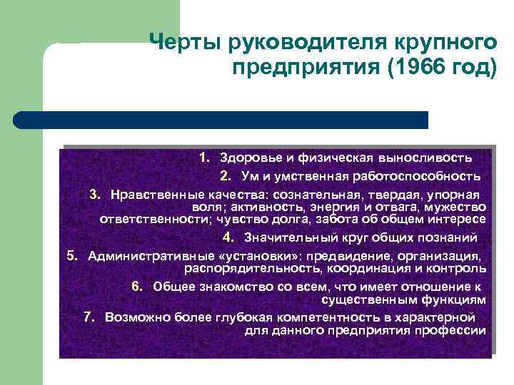 Черты руководителя крупного предприятия (1966 год) 1. Здоровье и физическая выносливость 2. Ум и