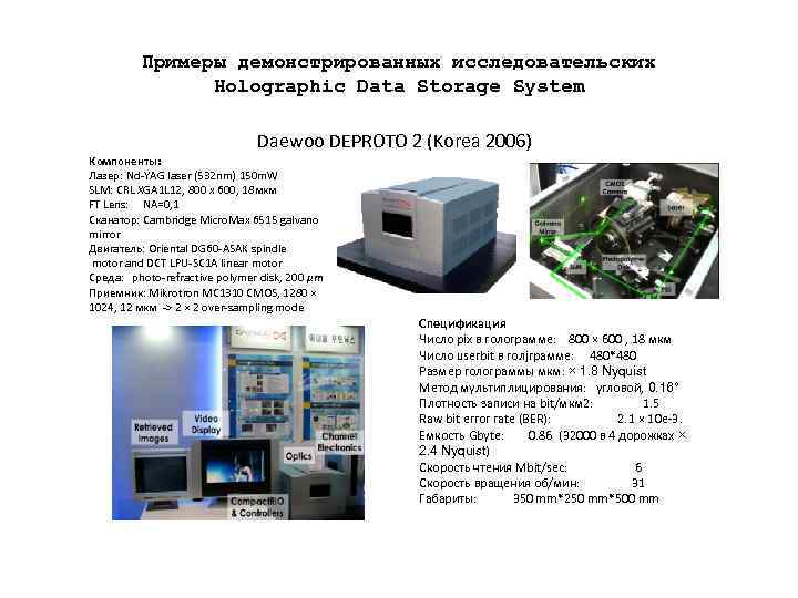 Примеры демонстрированных исследовательских Holographic Data Storage System Daewoo DEPROTO 2 (Korea 2006) Компоненты: Лазер: