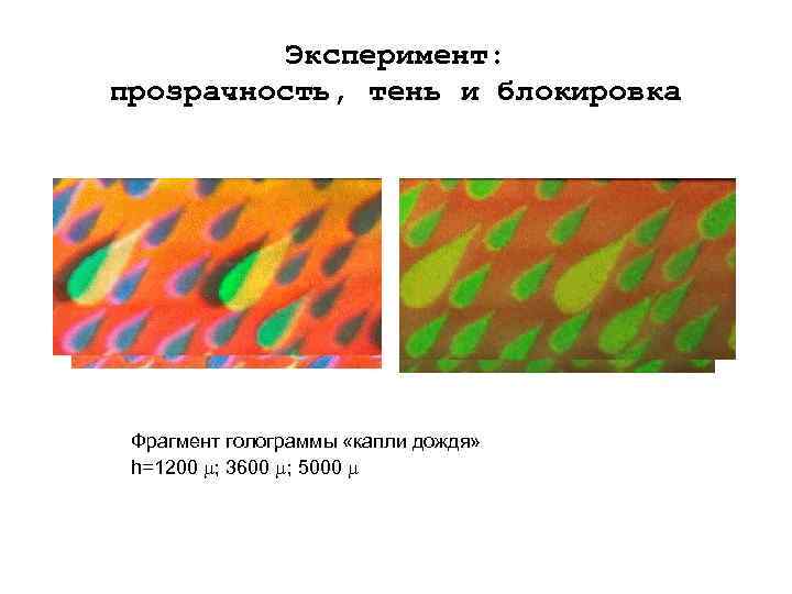 Эксперимент: прозрачность, тень и блокировка Фрагмент голограммы «капли дождя» h=1200 ; 3600 ; 5000