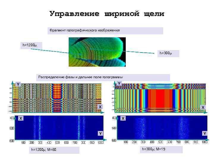 Управление шириной щели Фрагмент голографического изображения h=1200 h=300 Распределение фазы и дальнее поле голограммы